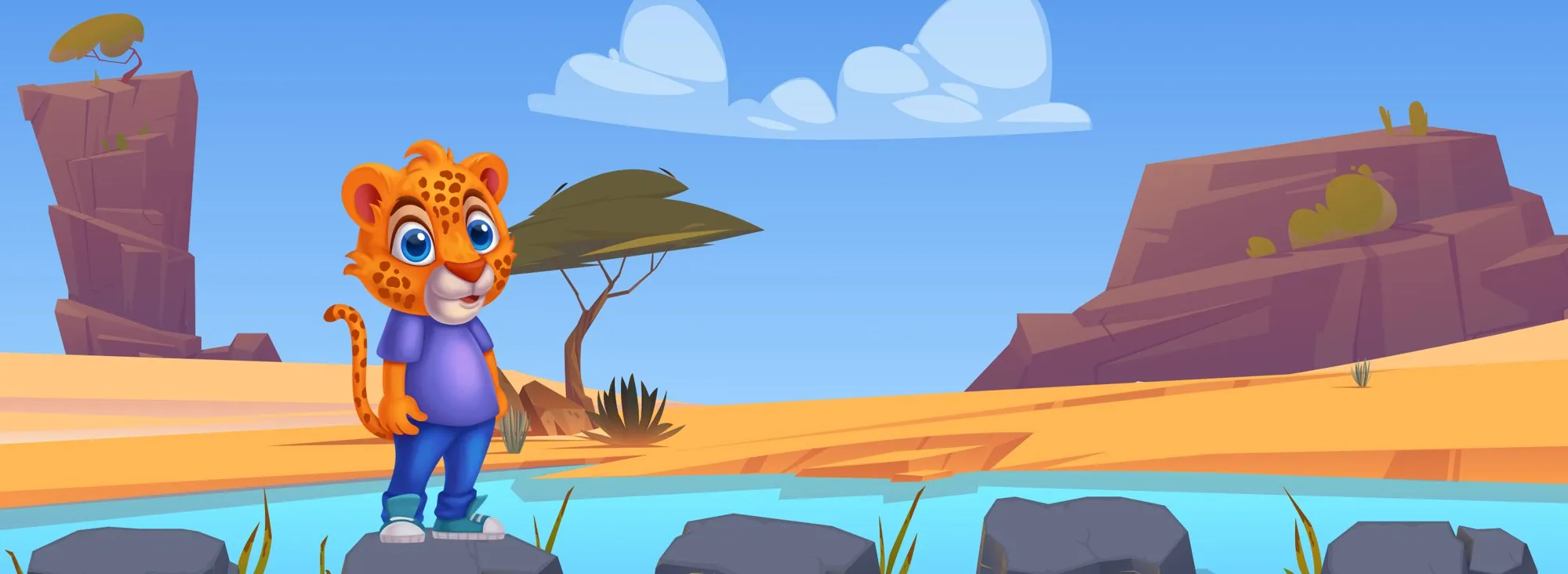 Lalo the Leopard standing in a desert landscape